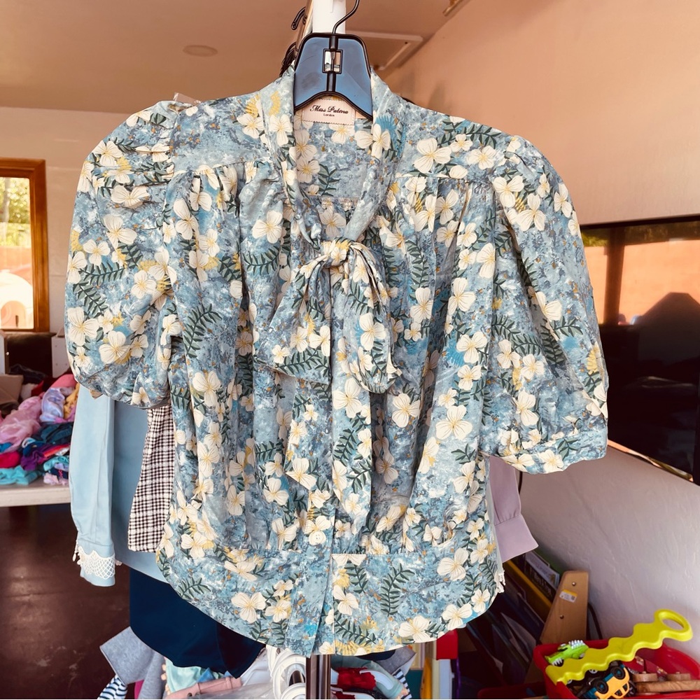 Miss Patina Tie Neck Blouse with Cream Blossoms